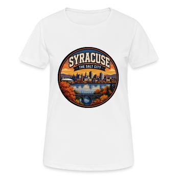 Syracuse : Le badge de la Skyline rétro des lacs de Salt City - T-shirt respirant Femme - blanc - Devant - AI Model Female 172 dark (172cm)