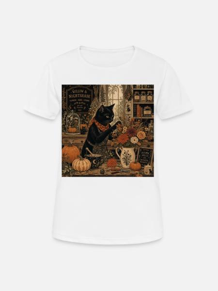 Schwarze Katze Blumen Laden T-Shirt Vintage Goth - Dame T-shirt svedtransporterende - hvid