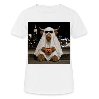 Highland Cow Halloween Ghost with Pumpkin T-Shirt - Women's Breathable T-Shirt - white - Front - AI Model Female 172 dark (172cm)