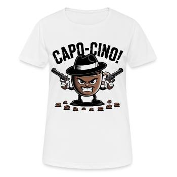 CAPO‑CINO – Gangster Coffee Pun Cartoon Design - Women's Breathable T-Shirt - white - Front - AI Model Female 172 dark (172cm)