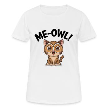 Me-Owl – Dessin animé Chat portant un masque de hibou avec un jeu de mots - T-shirt respirant Femme - blanc - Devant - AI Model Female 172 dark (172cm)