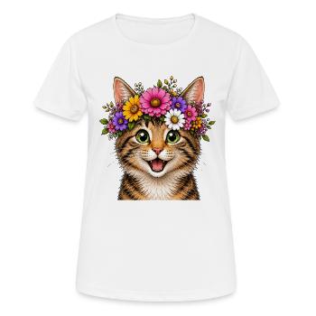 Katze mit Blumenschmuck  - Frauen T-Shirt atmungsaktiv - Weiß - Vorne - AI Model Female 172 dark (172cm)