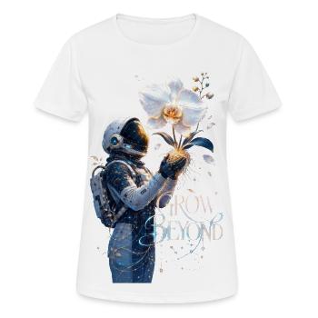 Astronaut und Blumen wachsen jenseits - Frauen T-Shirt atmungsaktiv - Weiß - Vorne - AI Model Female 172 dark (172cm)