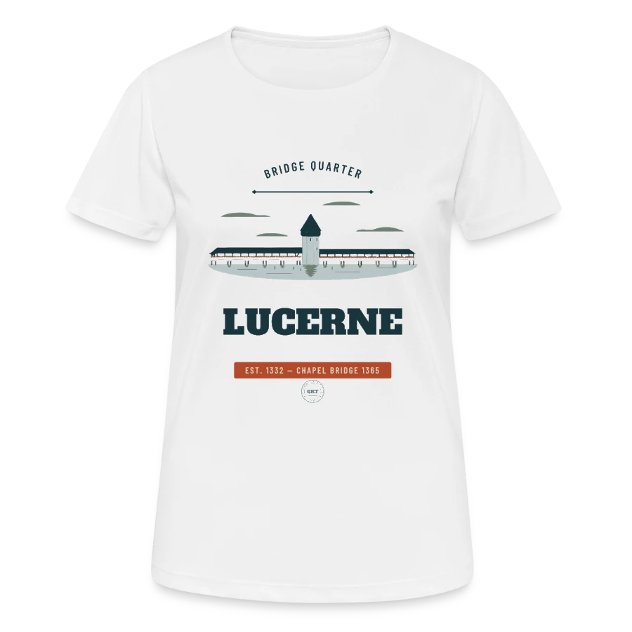 Lucerne badge on a women's breathable t-shirt, white