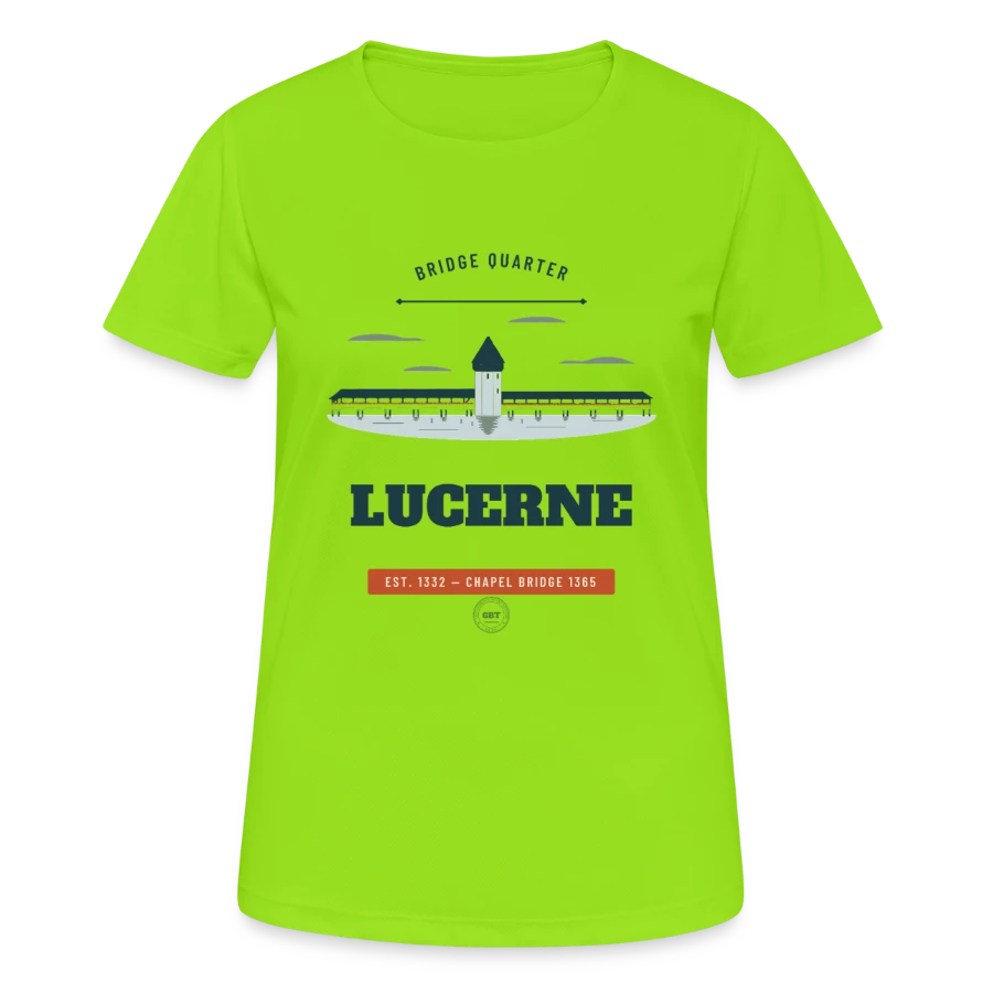 Lucerne badge on a women's breathable t-shirt, neon green