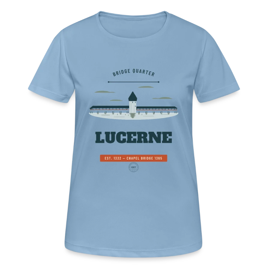 Lucerne badge on a women's breathable t-shirt, sky blue