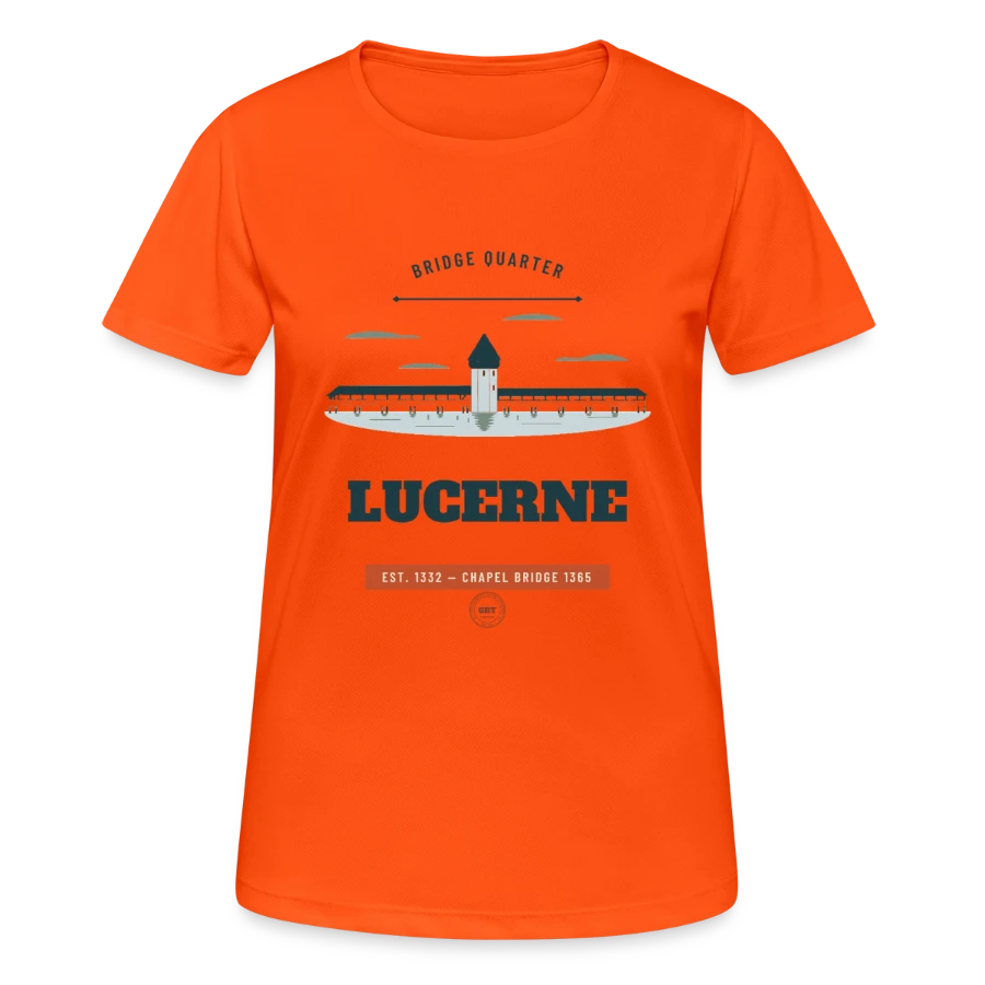 Lucerne badge on a women's breathable t-shirt, neon orange