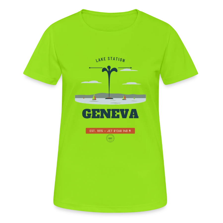 Geneva badge on a women's breathable t-shirt, neon green