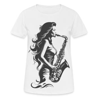 Saxophon Frau Zeichnung - Frauen T-Shirt atmungsaktiv - Weiß - Vorne - AI Model Female 172 dark (172cm)