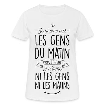 Je n'aime ni les gens ni les matins - T-shirt respirant Femme - blanc - Devant - AI Model Female 172 dark (172cm)