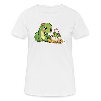 Dino Mama mit Baby – Süßer Dino schlüpft aus Ei - Frauen T-Shirt atmungsaktiv - Weiß - Vorne - AI Model Female 172 dark (172cm)