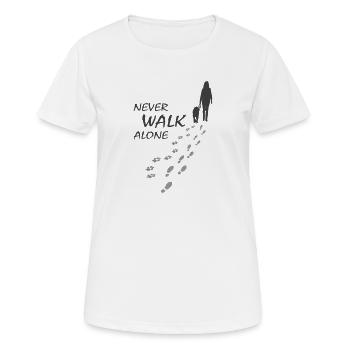 Chien - JAMAIS MARCHER SEUL, Amoureux des chiens, Promeneur de chiens - T-shirt respirant Femme - blanc - Devant - AI Model Female 172 dark (172cm)