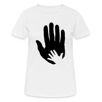 Bébé, main d’enfant dans la main du parent adulte. - T-shirt respirant Femme - blanc - Devant - AI Model Female 172 dark (172cm)