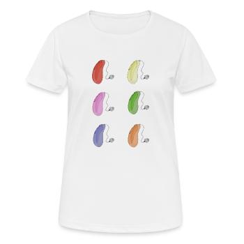 Aides auditives colorées - T-shirt respirant Femme - blanc - Devant - AI Model Female 172 dark (172cm)