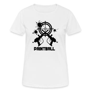 Paintball-Ziel mit zwei Kanonen - Frauen T-Shirt atmungsaktiv - Weiß - Vorne - AI Model Female 172 dark (172cm)