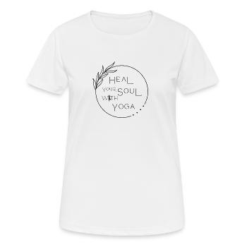 HEALyourSOULwithYOGA - Frauen T-Shirt atmungsaktiv - Weiß - Vorne - AI Model Female 172 dark (172cm)