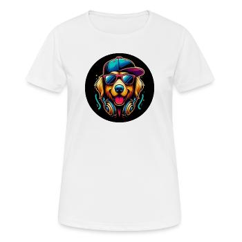 Golden Retriever Dog Rapper with Cap and Headphones - Women's Breathable T-Shirt - white - Front - AI Model Female 172 dark (172cm)