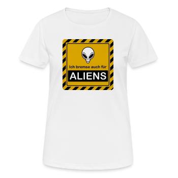 Warnzeichen "Ich bremse auch für Aliens" - Frauen T-Shirt atmungsaktiv - Weiß - Vorne - AI Model Female 172 dark (172cm)