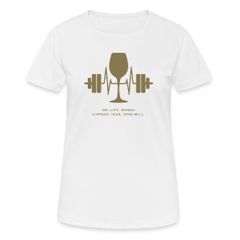 Genuss und Kraft: Wein und Gewichte - Frauen T-Shirt atmungsaktiv - Weiß - Vorne - AI Model Female 172 dark (172cm)