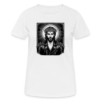 Jesus Christus mit stylischer Frisur & Lederjacke - Frauen T-Shirt atmungsaktiv - Weiß - Vorne - AI Model Female 172 dark (172cm)