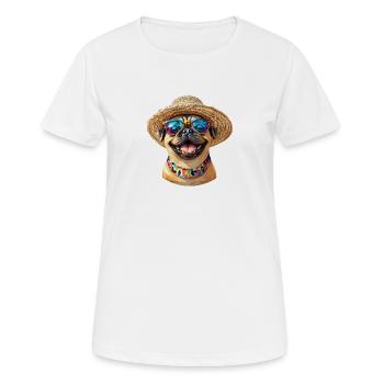 Cheerful Pug with Sunglasses & Straw Hat - Women's Breathable T-Shirt - white - Front - AI Model Female 172 dark (172cm)