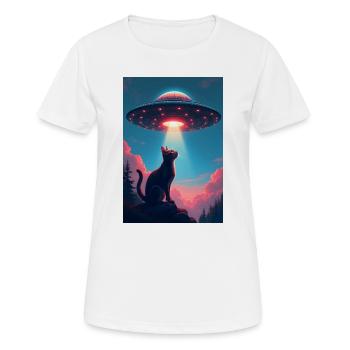 Weltraumkatze mit UFO-Lichtstrahl - Frauen T-Shirt atmungsaktiv - Weiß - Vorne - AI Model Female 172 dark (172cm)