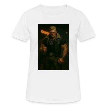 Mechanischer Biker – Blonder Krieger mit Feuerblick - Frauen T-Shirt atmungsaktiv - Weiß - Vorne - AI Model Female 172 dark (172cm)