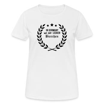 In Germany we say Lecker Bierchen - Frauen T-Shirt atmungsaktiv - Weiß - Vorne - AI Model Female 172 dark (172cm)