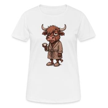 Grummelige Hochlandkuh mit Kaffee – Morgenmuffel - Frauen T-Shirt atmungsaktiv - Weiß - Vorne - AI Model Female 172 dark (172cm)