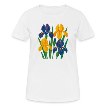 Harmonie d’iris : Fleurs dorées et indigo - T-shirt respirant Femme - blanc - Devant - AI Model Female 172 dark (172cm)