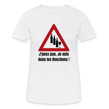 J'PEUX PAS, JE SUIS DANS LES BOUCHONS ! (vin)  - T-shirt respirant Femme - blanc - Devant - AI Model Female 172 dark (172cm)