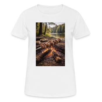 Campfire barbecue skewers by the lake - Women's Breathable T-Shirt - white - Front - AI Model Female 172 dark (172cm)