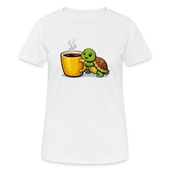 Kaffeeturtle mit dampfendem Becher - Frauen T-Shirt atmungsaktiv - Weiß - Vorne - AI Model Female 172 dark (172cm)