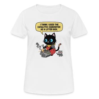 Meister Pfote am Werk. Der Kat-alysator Spezialist - Frauen T-Shirt atmungsaktiv - Weiß - Vorne - AI Model Female 172 dark (172cm)
