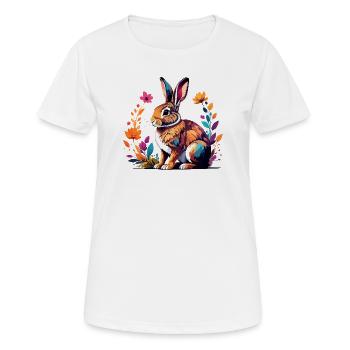 Bunter Hase mit Blütenrahmen Frühlings Motiv - Frauen T-Shirt atmungsaktiv - Weiß - Vorne - AI Model Female 172 dark (172cm)