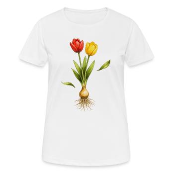 Deux tulipes avec un bulbe et des racines visibles - T-shirt respirant Femme - blanc - Devant - AI Model Female 172 dark (172cm)