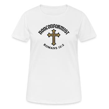 Christian Nonconformist Romans 12:2 Golden Cross - Women's Breathable T-Shirt - white - Front - AI Model Female 172 dark (172cm)