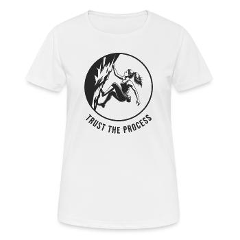 Starkes Mädchen bouldert am Fels trust the process - Frauen T-Shirt atmungsaktiv - Weiß - Vorne - AI Model Female 172 dark (172cm)