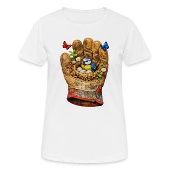 Nest im Handschuh mit Vogel und Blumen - Frauen T-Shirt atmungsaktiv - Weiß - Vorne - AI Model Female 172 dark (172cm)