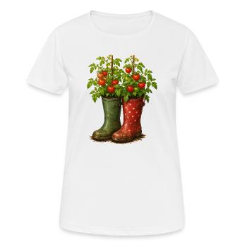 Motif de plants de tomates dans le jardin des bottes de caoutchouc - T-shirt respirant Femme - blanc - Devant - AI Model Female 172 dark (172cm)