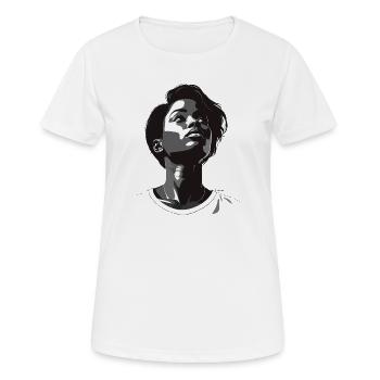 Black and white upward view - Women's Breathable T-Shirt - white - Front - AI Model Female 172 dark (172cm)