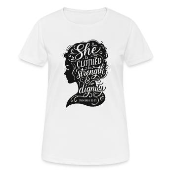Femme de force et de dignité - Proverbes 31:25 - T-shirt respirant Femme - blanc - Devant - AI Model Female 172 dark (172cm)