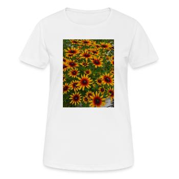 Motif de fleurs de chapeau de soleil jaune feu rouge - T-shirt respirant Femme - blanc - Devant - AI Model Female 172 dark (172cm)