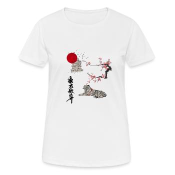 Japan Tiger Ukiyo-e mit Kirschblüten und Pagode - Frauen T-Shirt atmungsaktiv - Weiß - Vorne - AI Model Female 172 dark (172cm)