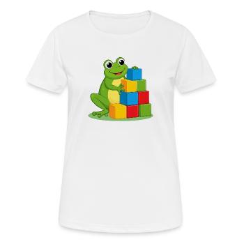 Green cartoon frog playing with colorful building blocks - Women's Breathable T-Shirt - white - Front - AI Model Female 172 dark (172cm)