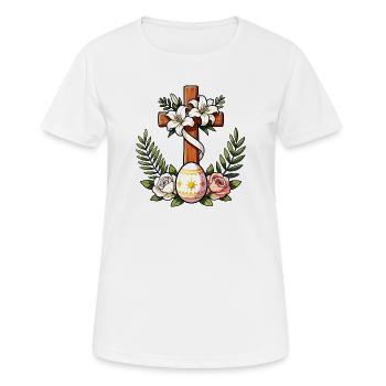Blumen-Osterkreuz - Frauen T-Shirt atmungsaktiv - Weiß - Vorne - AI Model Female 172 dark (172cm)