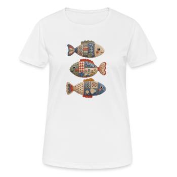 Trio de poissons au crochet patchwork - T-shirt respirant Femme - blanc - Devant - AI Model Female 172 dark (172cm)