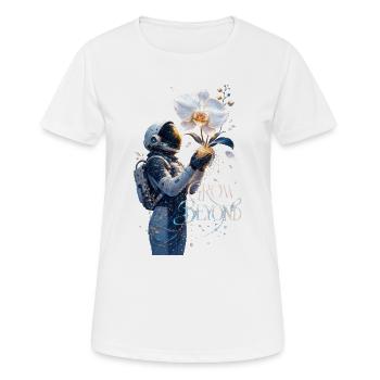 Astronaut und Blumen wachsen jenseits - Frauen T-Shirt atmungsaktiv - Weiß - Vorne - AI Model Female 172 dark (172cm)