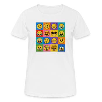 Smilies Grid – 16 bunte Cartoon Gesichter  - Frauen T-Shirt atmungsaktiv - Weiß - Vorne - AI Model Female 172 dark (172cm)