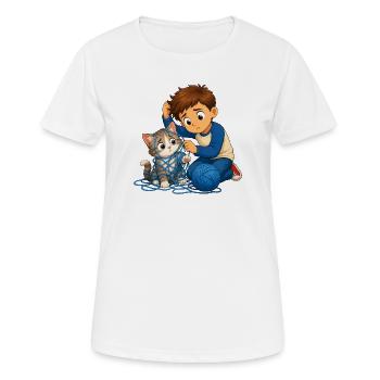 Boy gently frees cat from blue ball of wool - Women's Breathable T-Shirt - white - Front - AI Model Female 172 dark (172cm)